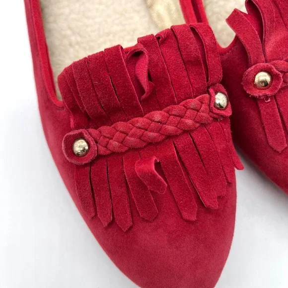 BIRDIES Red Cardinal Suede Flat Womens 9.5 Kiltie Fringe Faux Fur Lined Loafer - Picture 10 of 14
